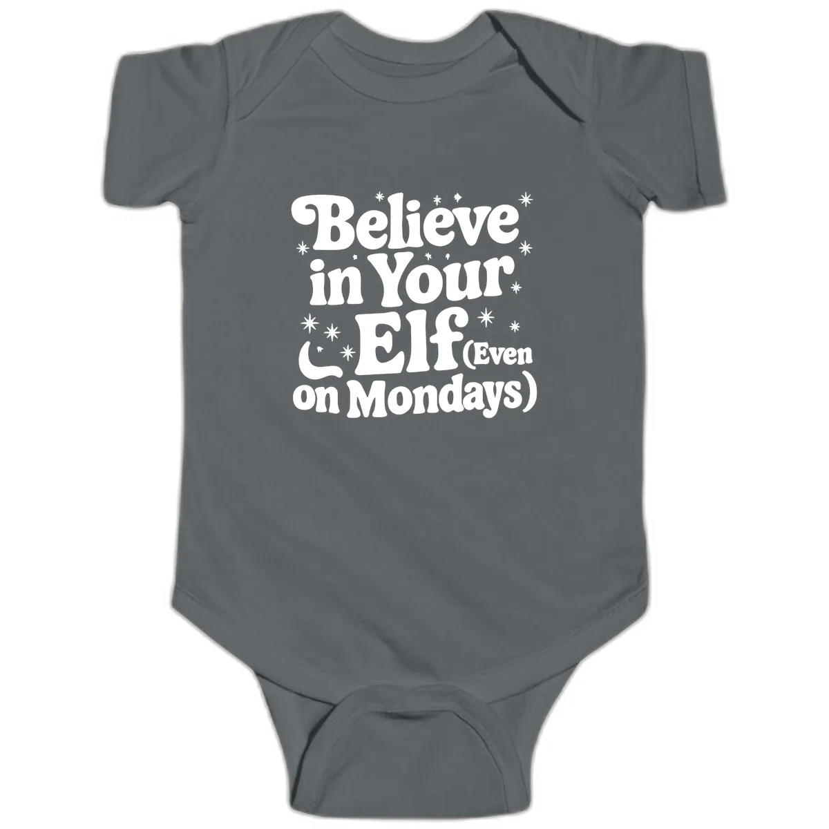 Believe In Your Elf On Mondays Baby Onesie in Charcoal