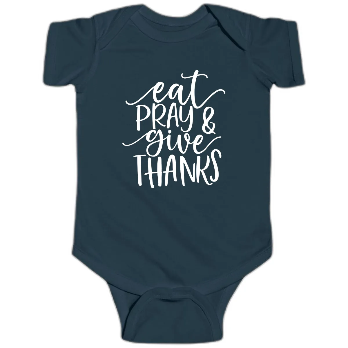 Eat Pray Give Thanks Hand Lettered Design Baby Onesie in Navy