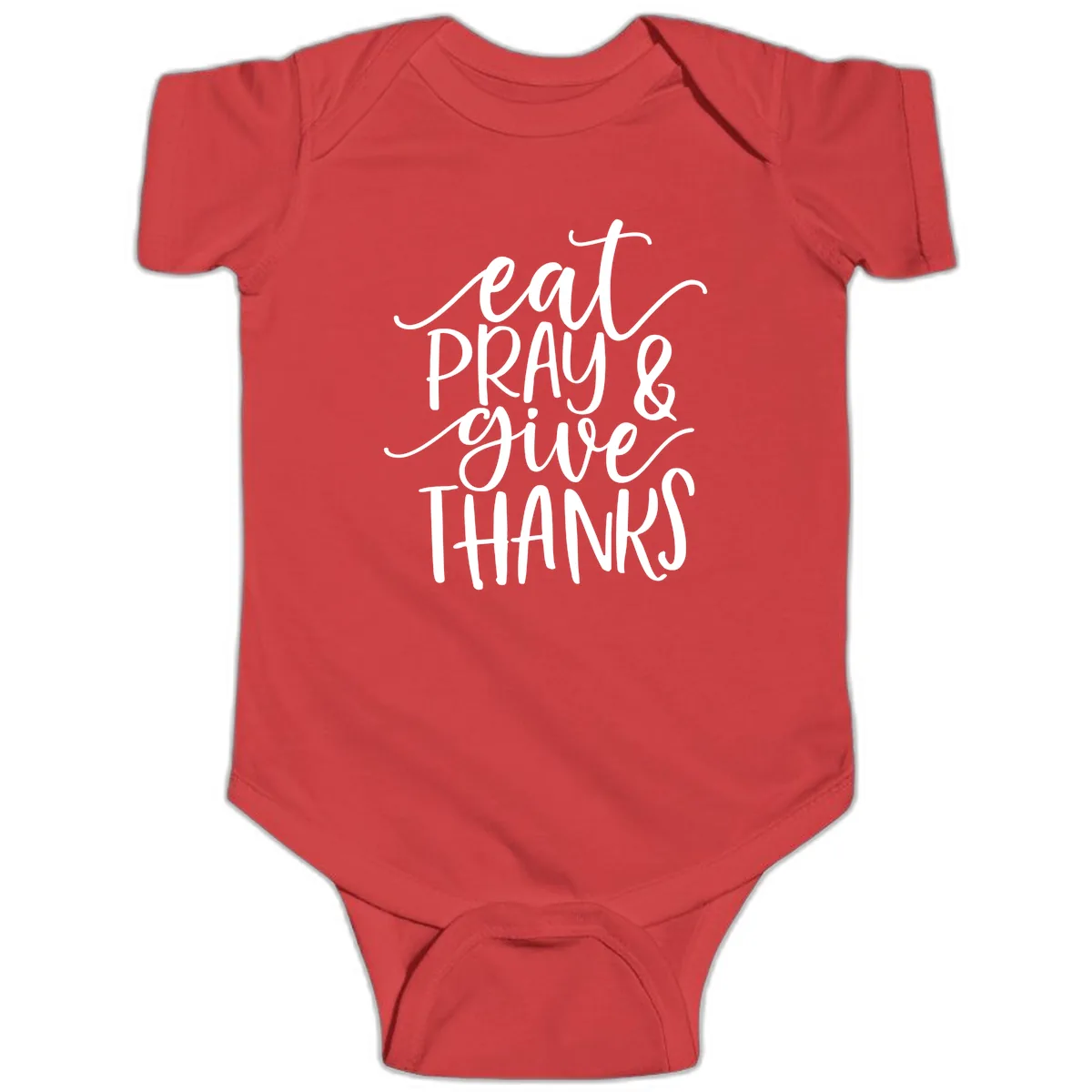 Eat Pray Give Thanks Hand Lettered Design Baby Onesie in Red