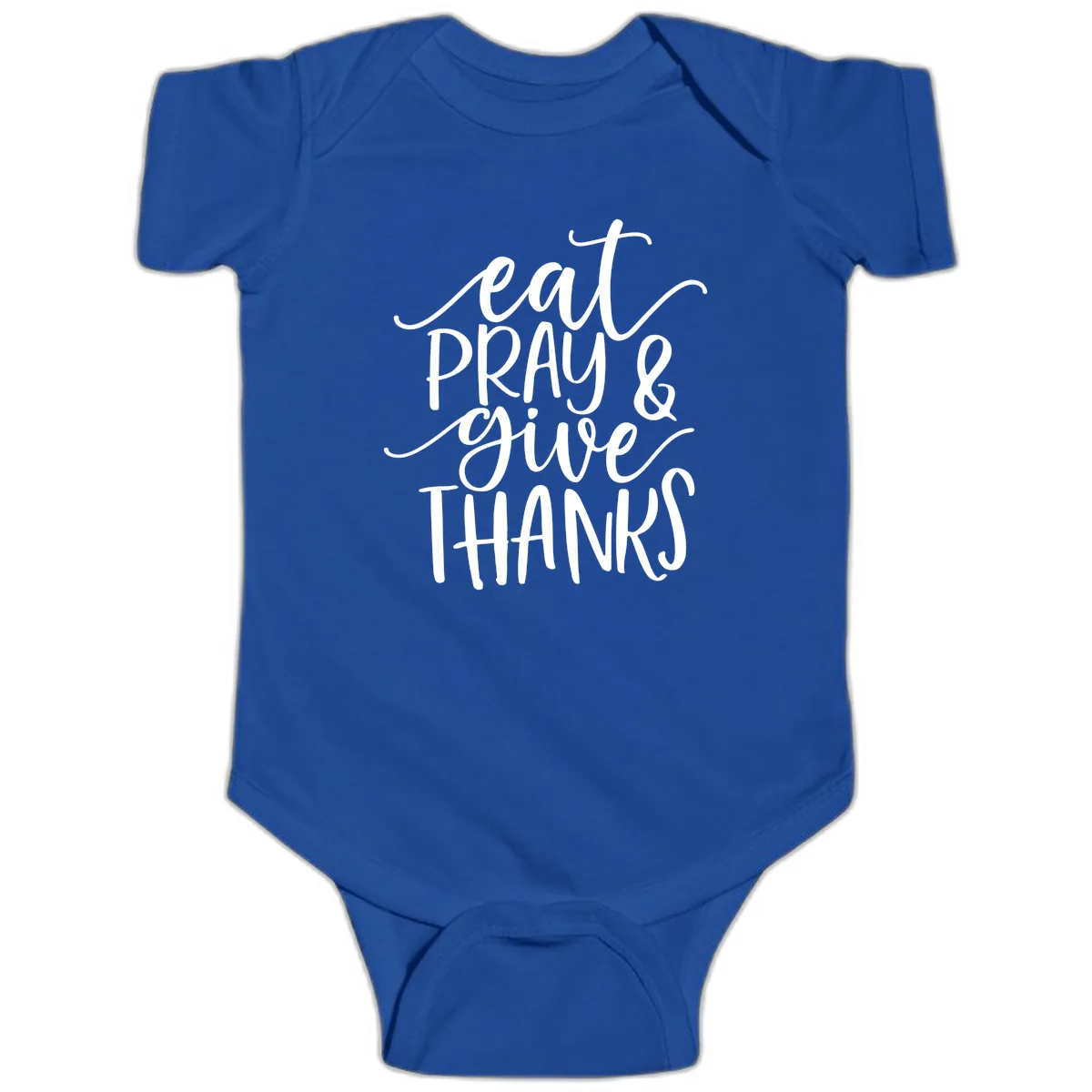 Eat Pray Give Thanks Hand Lettered Design Baby Onesie in Royal