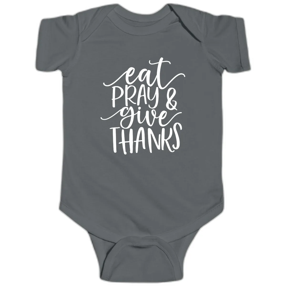 Eat Pray Give Thanks Hand Lettered Design Baby Onesie in Charcoal