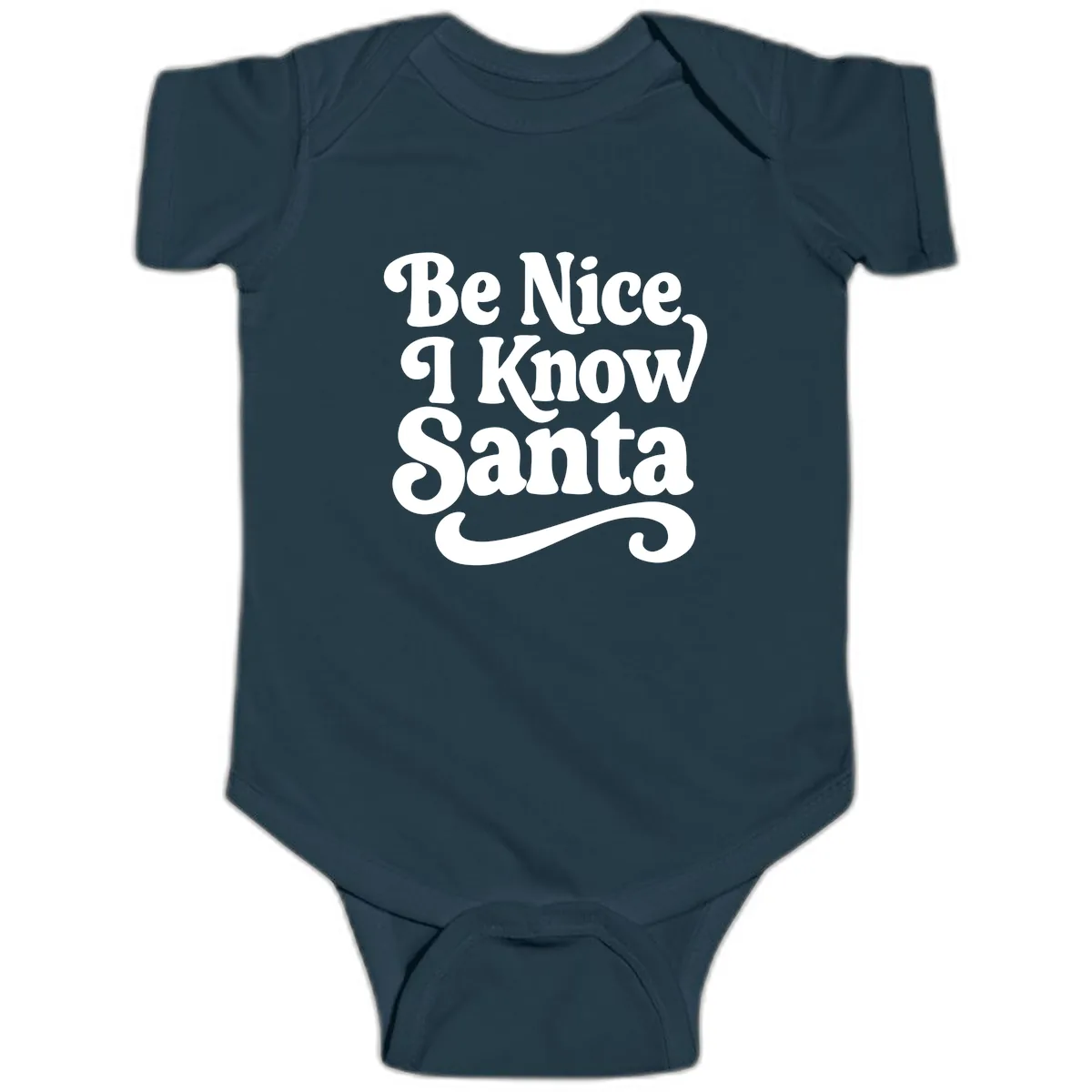 Be Nice I Know Santa Christmas Phrase Baby Onesie in Navy