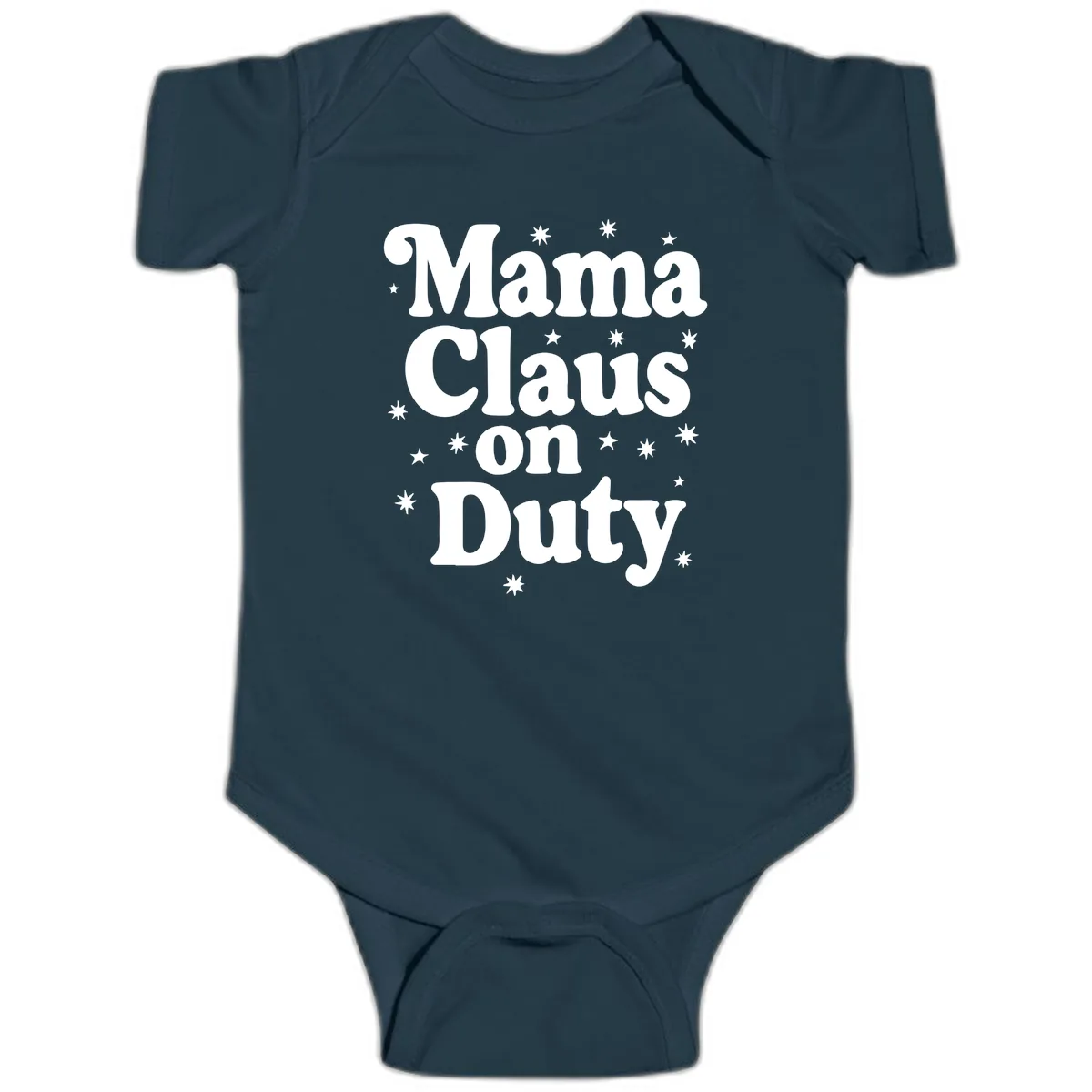 Mama Claus On Duty Holiday Graphic Baby Onesie in Navy
