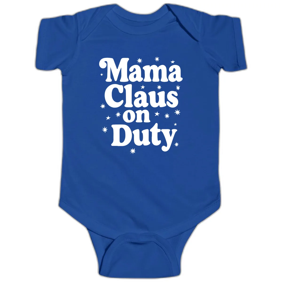 Mama Claus On Duty Holiday Graphic Baby Onesie in Royal