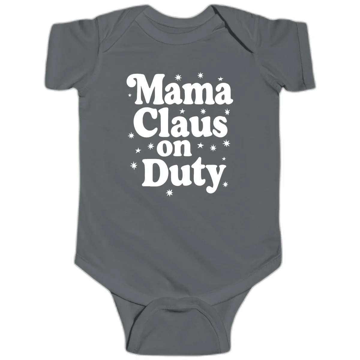 Mama Claus On Duty Holiday Graphic Baby Onesie in Charcoal