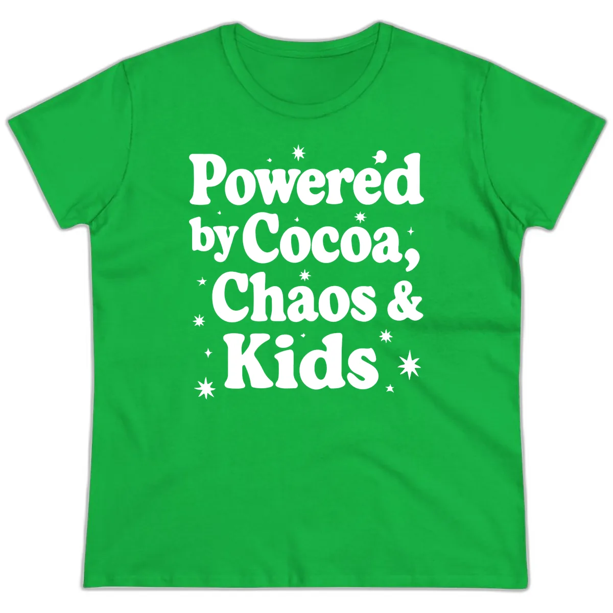 Powered by Cocoa Chaos and Kids Ladies Tee in Irish Green