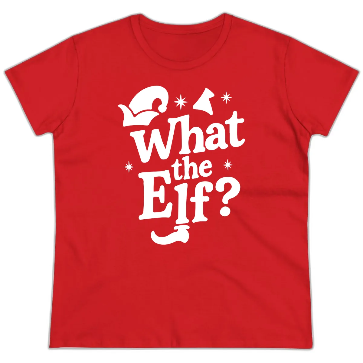 What The Elf Holiday Phrase Design Ladies Tee in Red