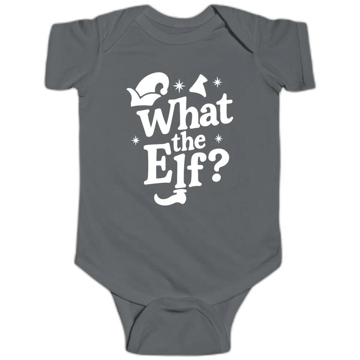 What The Elf Holiday Phrase Design Baby Onesie in Charcoal
