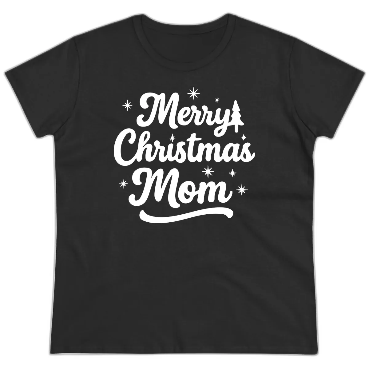 Merry Christmas Mom Script Design Ladies Tee in Black