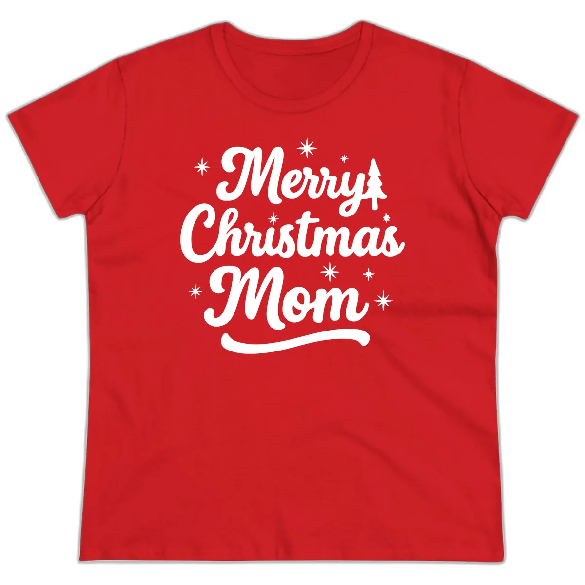 Merry Christmas Mom Script Design Ladies Tee in Red