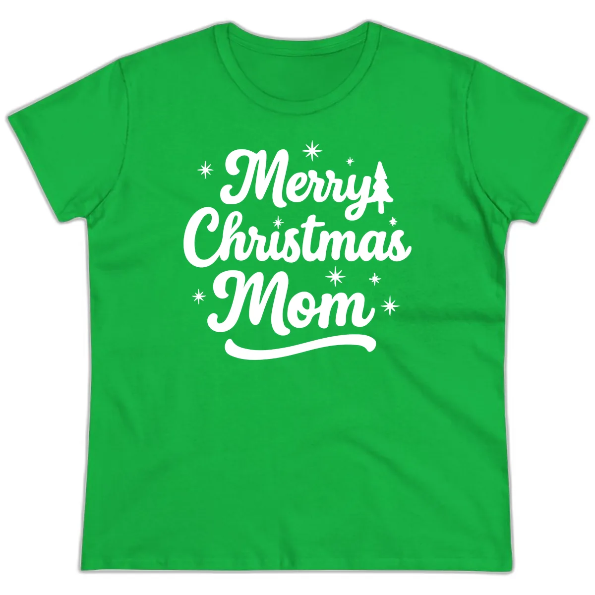 Merry Christmas Mom Script Design Ladies Tee in Irish Green