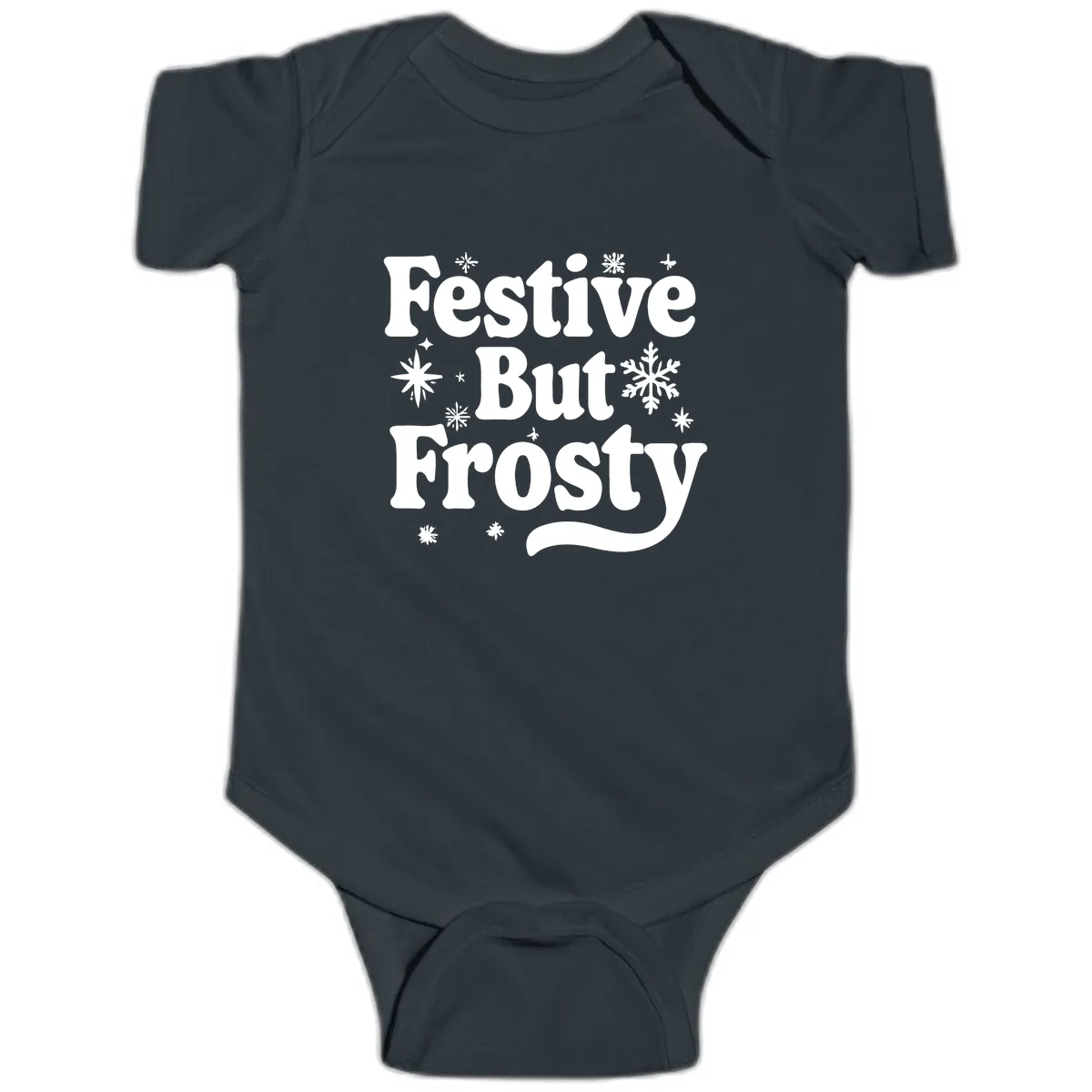 Festive But Frosty Holiday Phrase Baby Onesie in Black