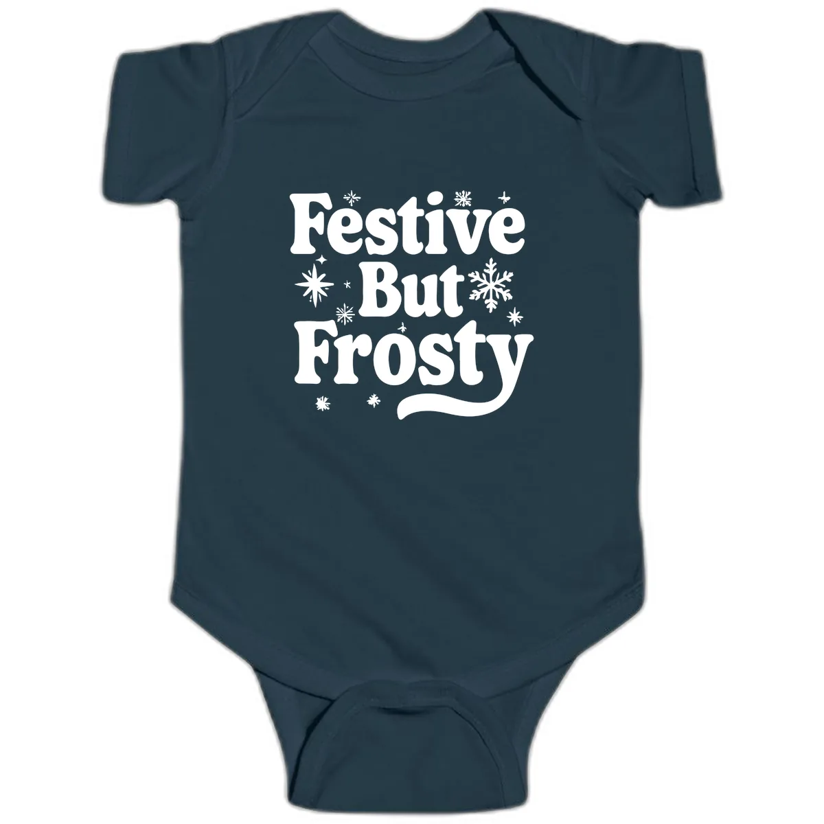 Festive But Frosty Holiday Phrase Baby Onesie in Navy