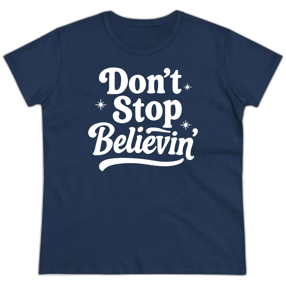 Don't Stop Believin' Retro Graphic Ladies Tee in Navy