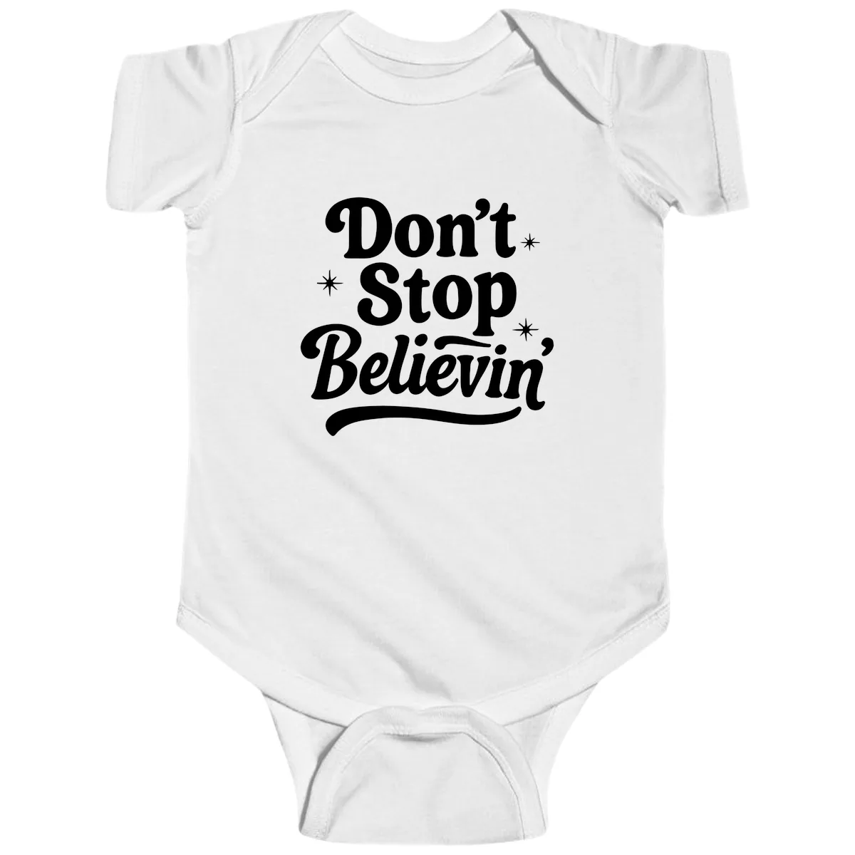 Don't Stop Believin' Retro Graphic Baby Onesie in White