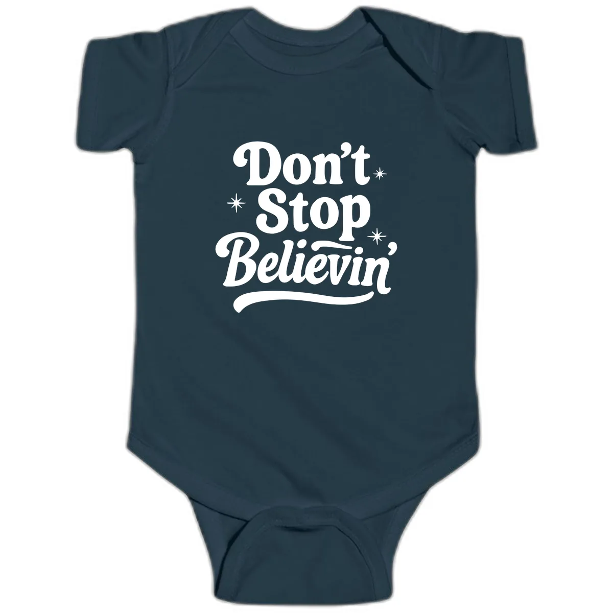Don't Stop Believin' Retro Graphic Baby Onesie in Navy