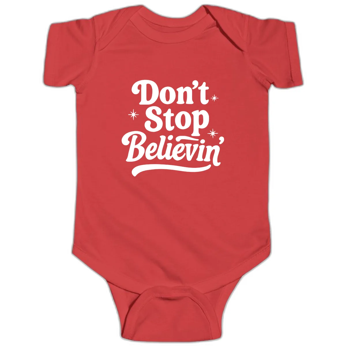 Don't Stop Believin' Retro Graphic Baby Onesie in Red