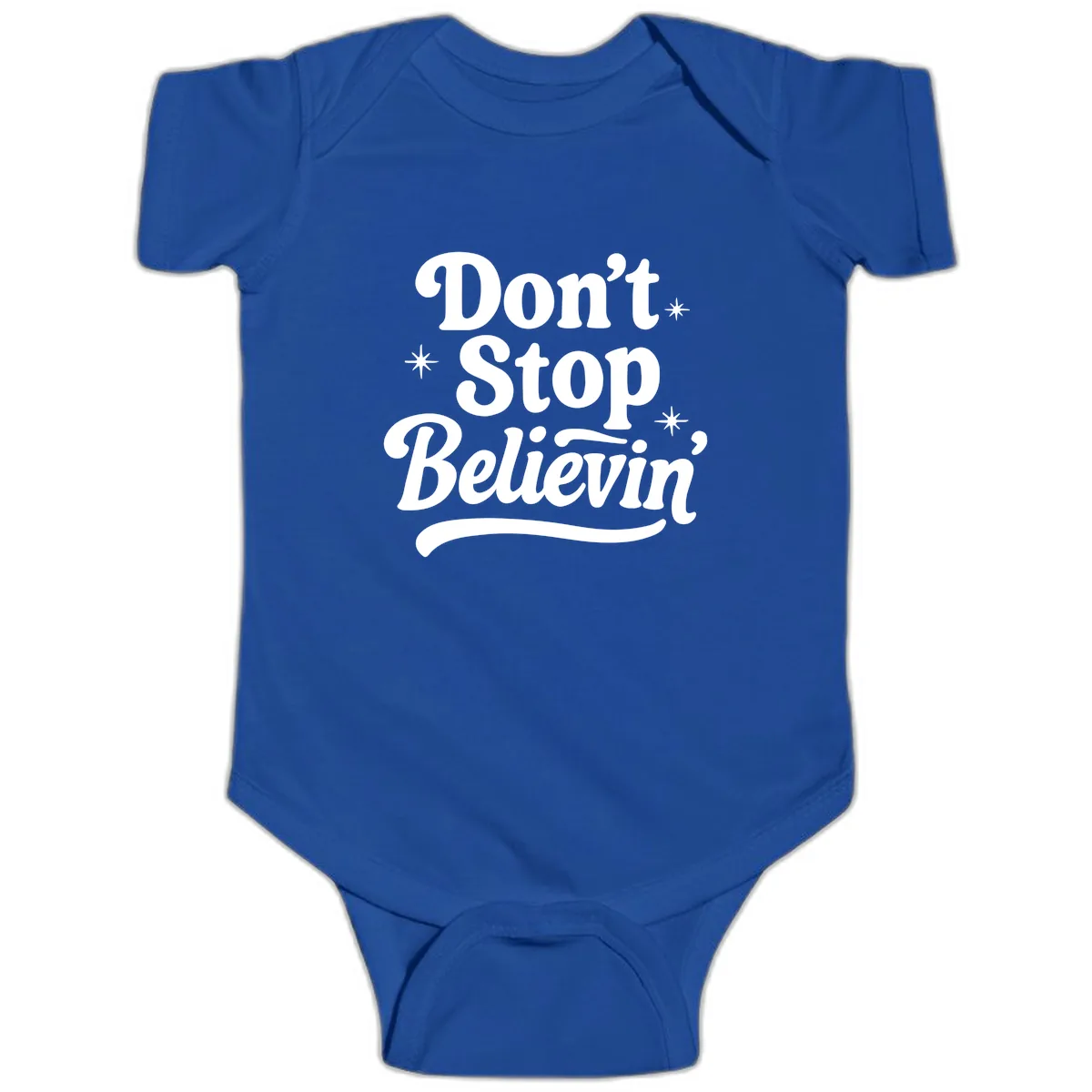 Don't Stop Believin' Retro Graphic Baby Onesie in Royal