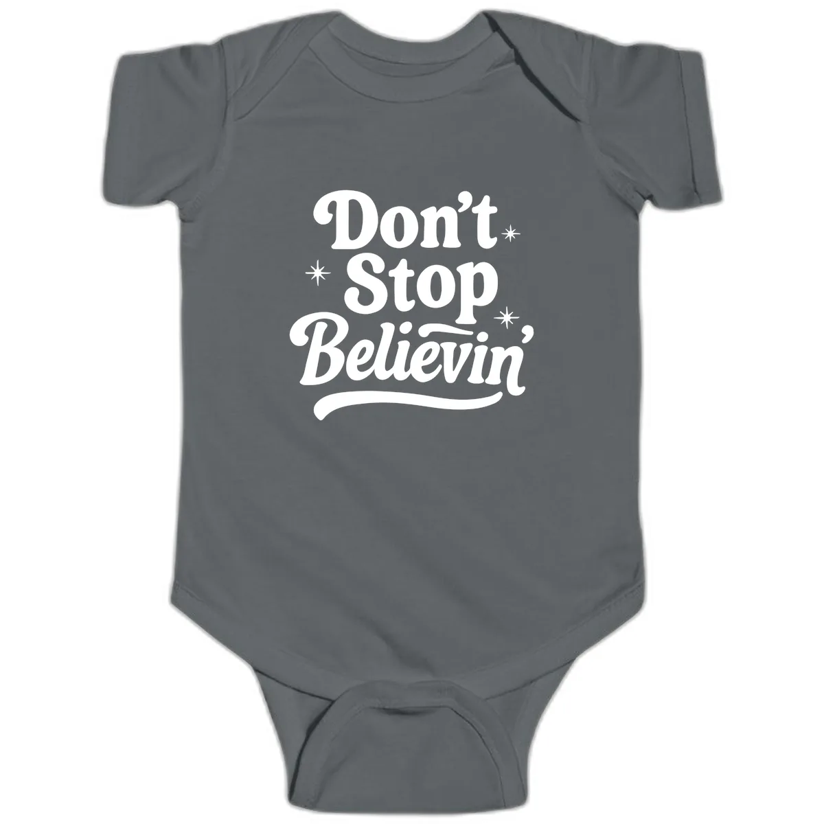 Don't Stop Believin' Retro Graphic Baby Onesie in Charcoal