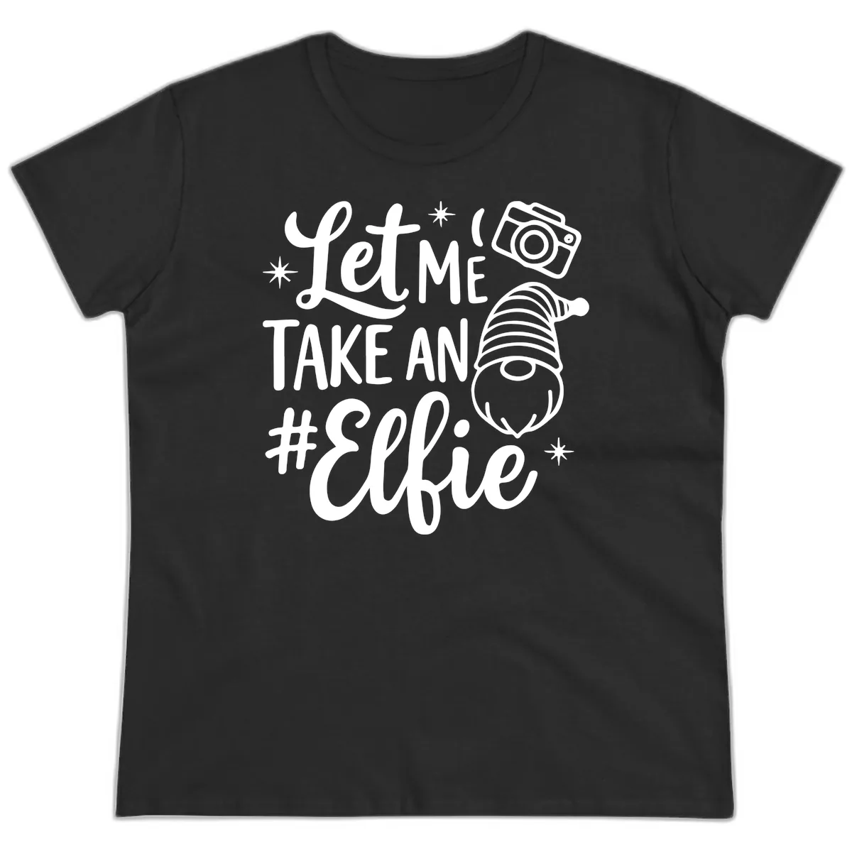 Let Me Take An Elfie Gnome Design Ladies Tee in Black