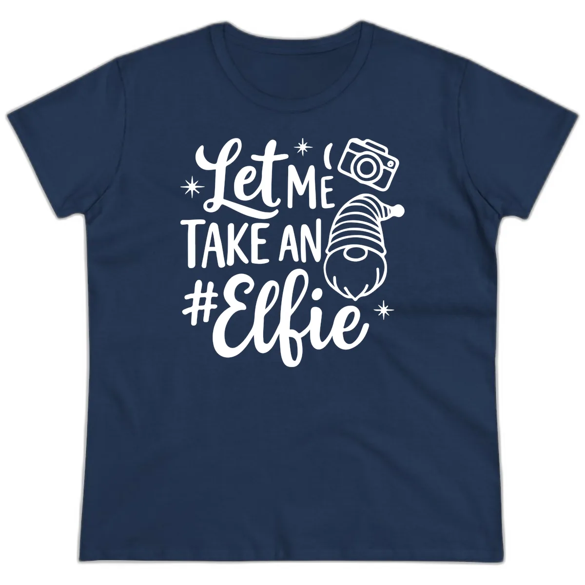 Let Me Take An Elfie Gnome Design Ladies Tee in Navy