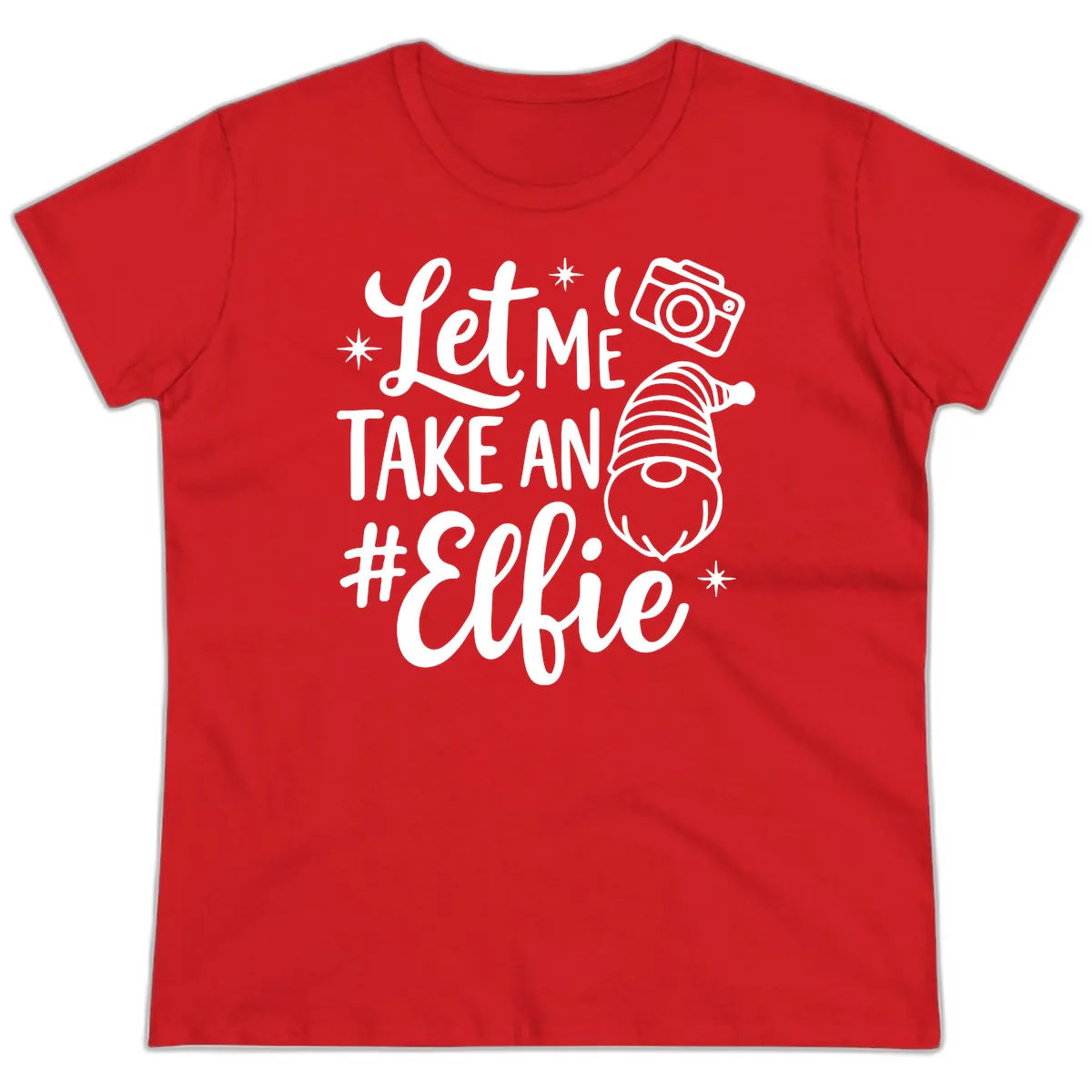 Let Me Take An Elfie Gnome Design Ladies Tee in Red