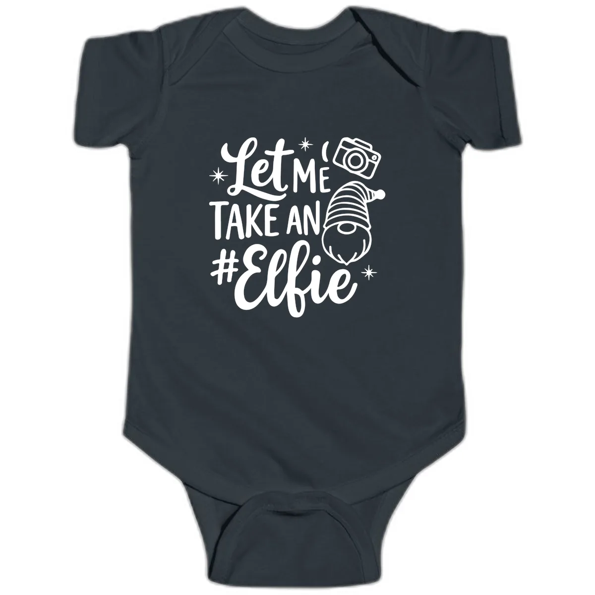 Let Me Take An Elfie Gnome Design Baby Onesie in Black