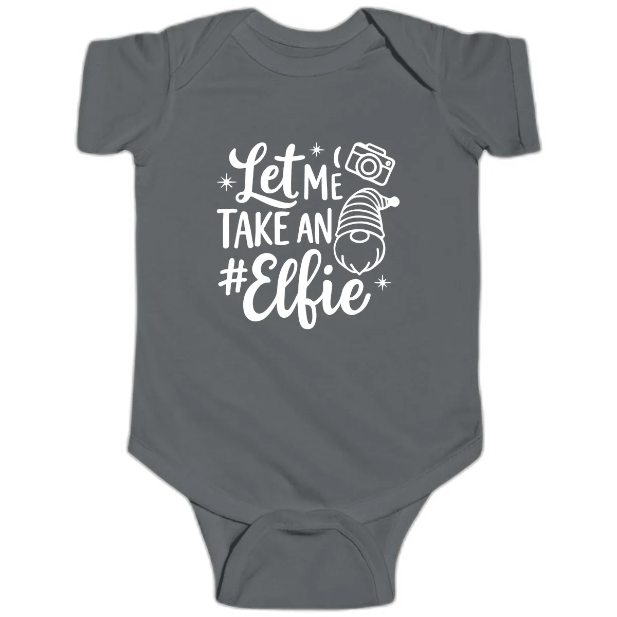 Let Me Take An Elfie Gnome Design Baby Onesie in Charcoal
