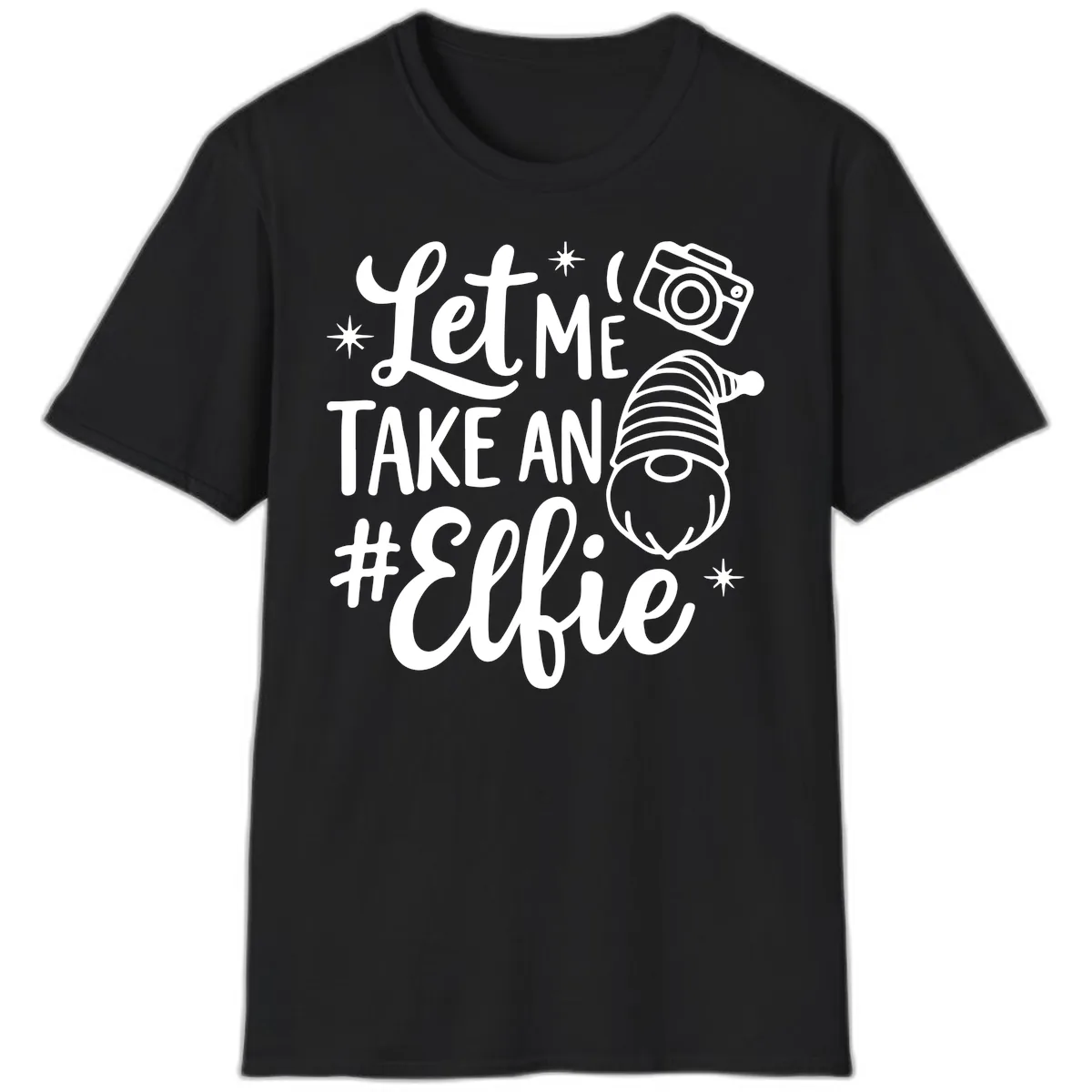 Let Me Take An Elfie Gnome Design T-Shirt in Black