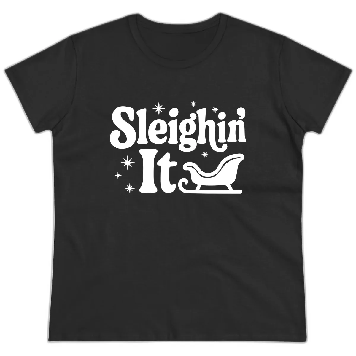 Sleighin It Christmas Sleigh Ladies Tee in Black