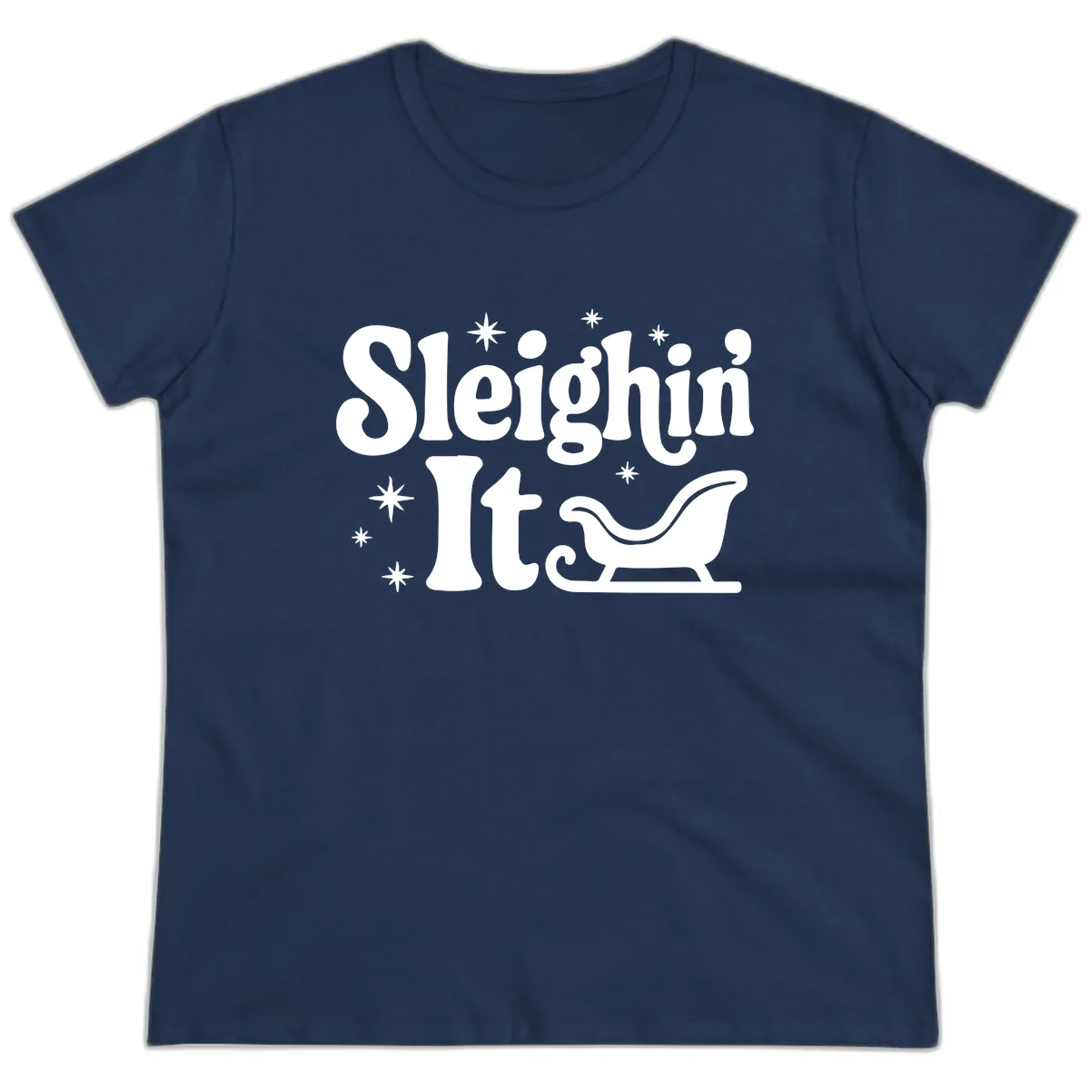 Sleighin It Christmas Sleigh Ladies Tee in Navy