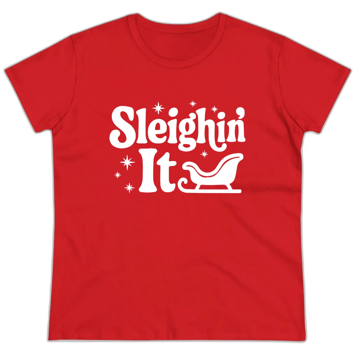 Sleighin It Christmas Sleigh Ladies Tee in Red