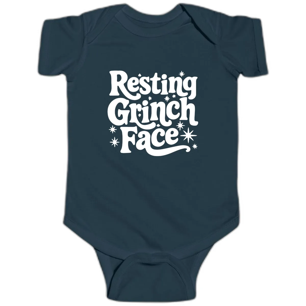 Resting Grinch Face Holiday Statement Baby Onesie in Navy