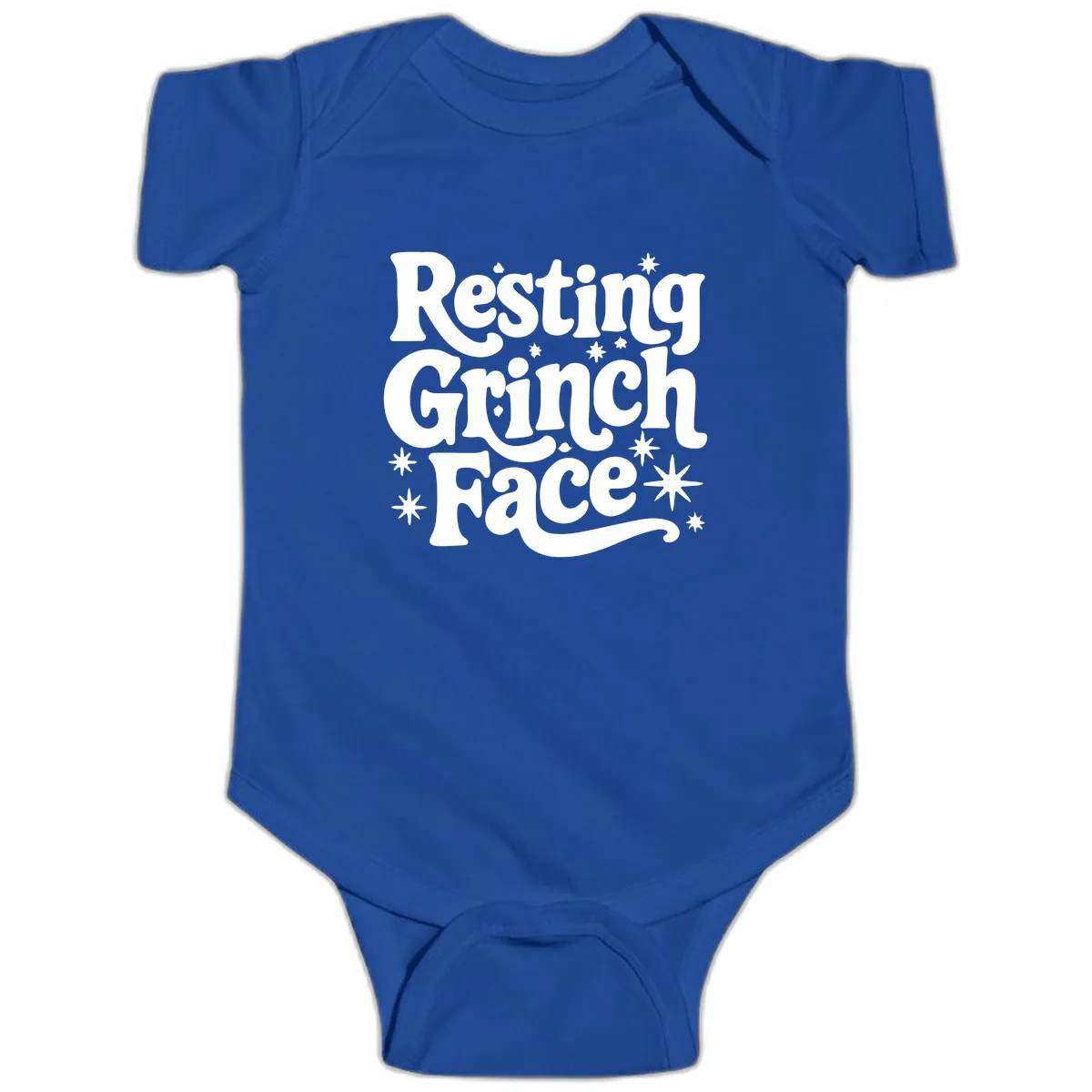 Resting Grinch Face Holiday Statement Baby Onesie in Royal