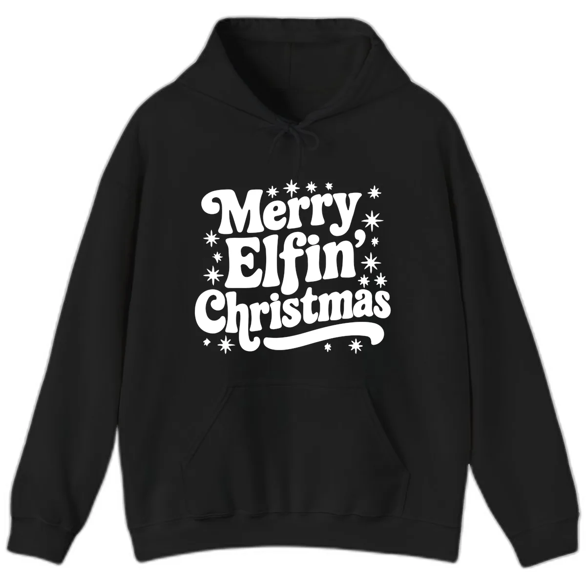 Merry Elfin Christmas Groovy Text Hoodie in Black