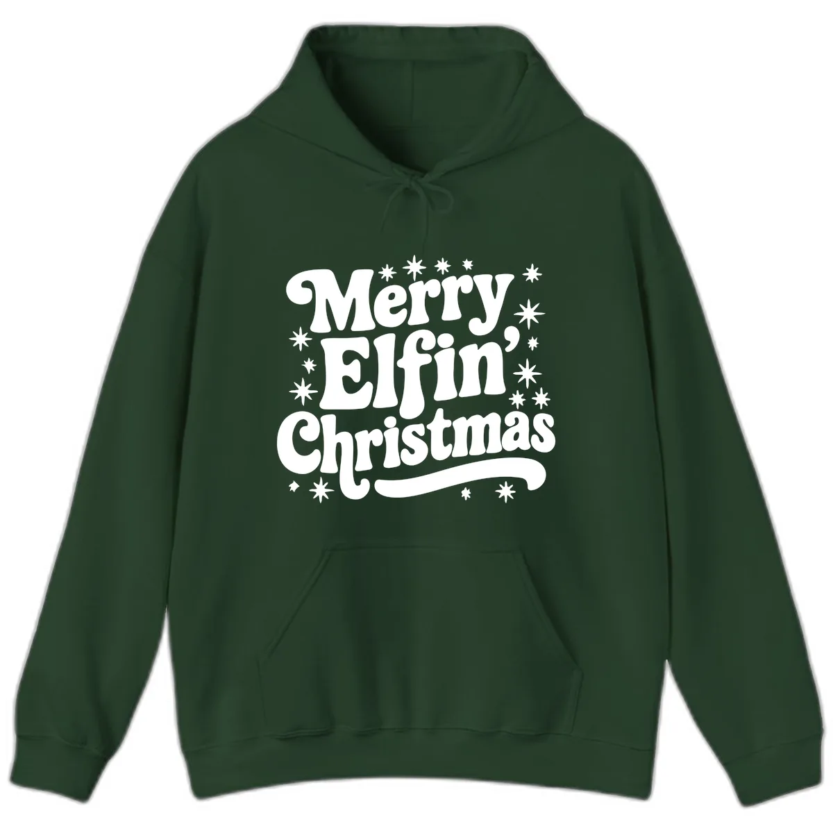 Merry Elfin Christmas Groovy Text Hoodie in Forest Green