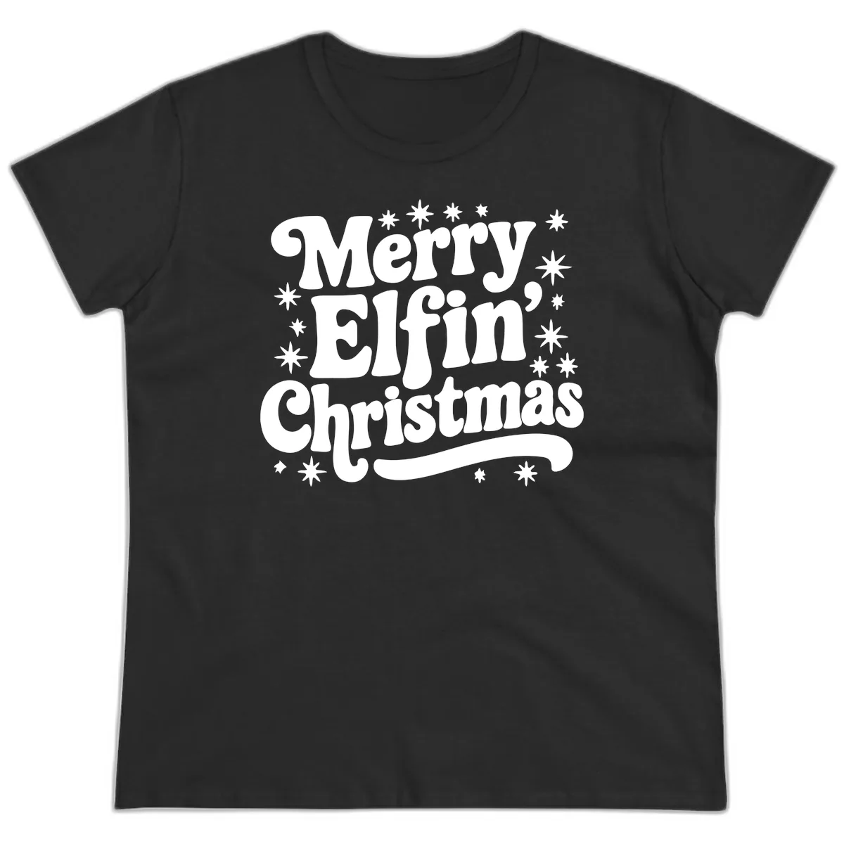 Merry Elfin Christmas Groovy Text Ladies Tee in Black