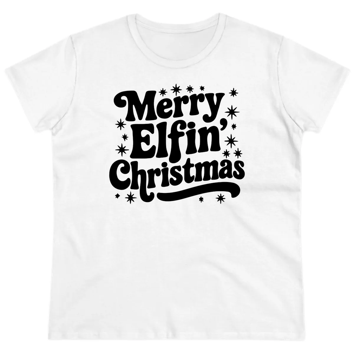 Merry Elfin Christmas Groovy Text Ladies Tee in White