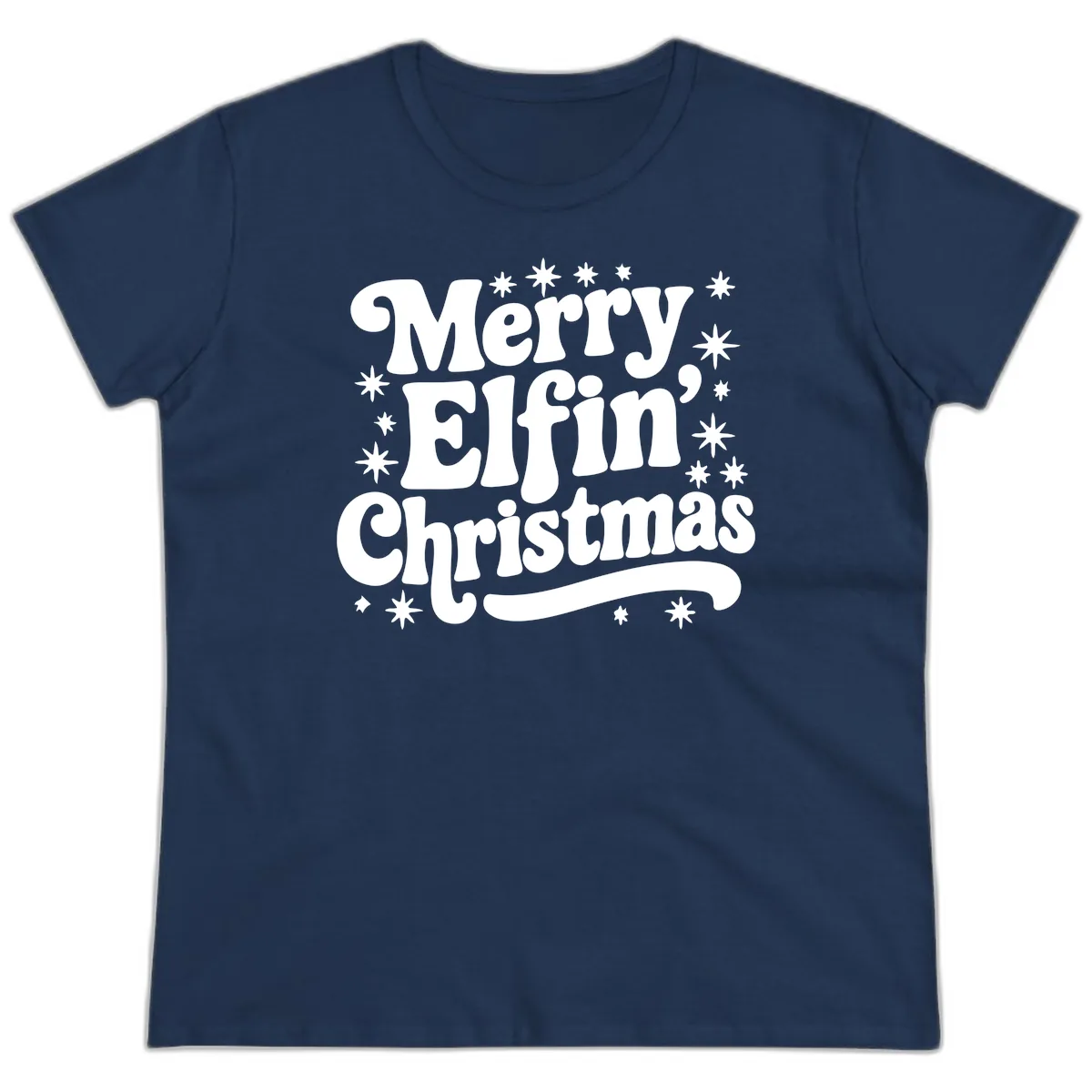 Merry Elfin Christmas Groovy Text Ladies Tee in Navy