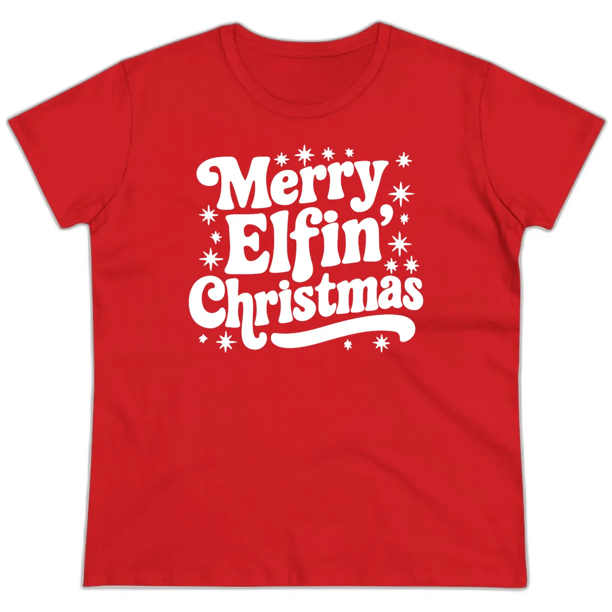 Merry Elfin Christmas Groovy Text Ladies Tee in Red