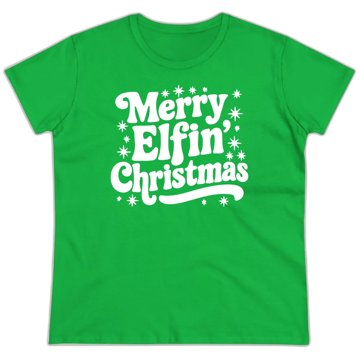 Merry Elfin Christmas Groovy Text Ladies Tee in Irish Green