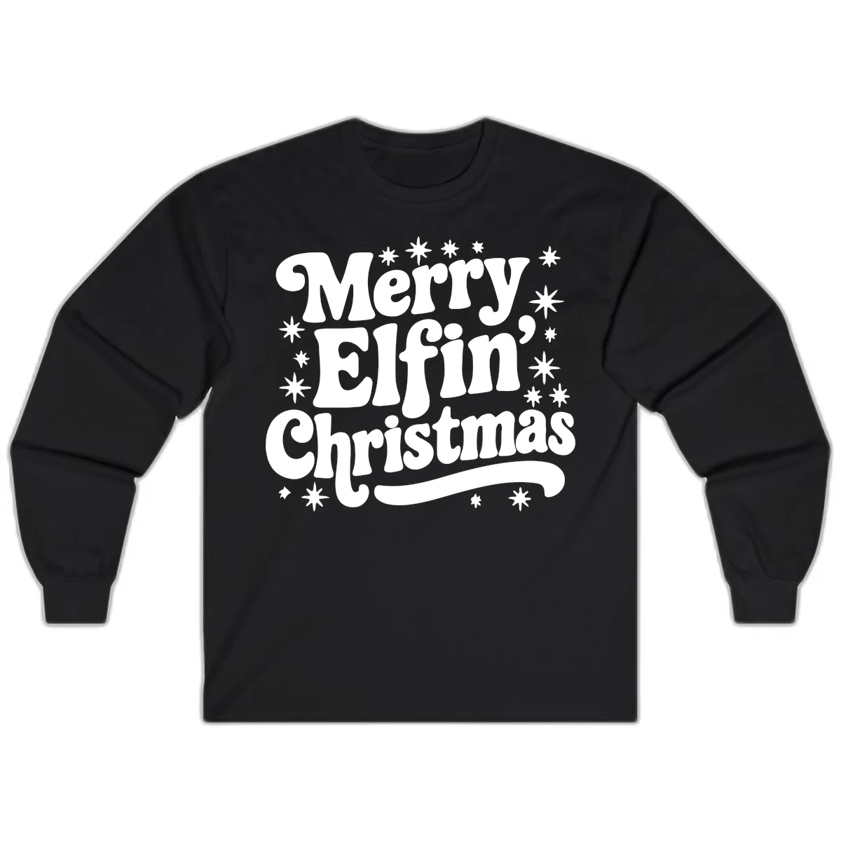 Merry Elfin Christmas Groovy Text Long Sleeve in Black