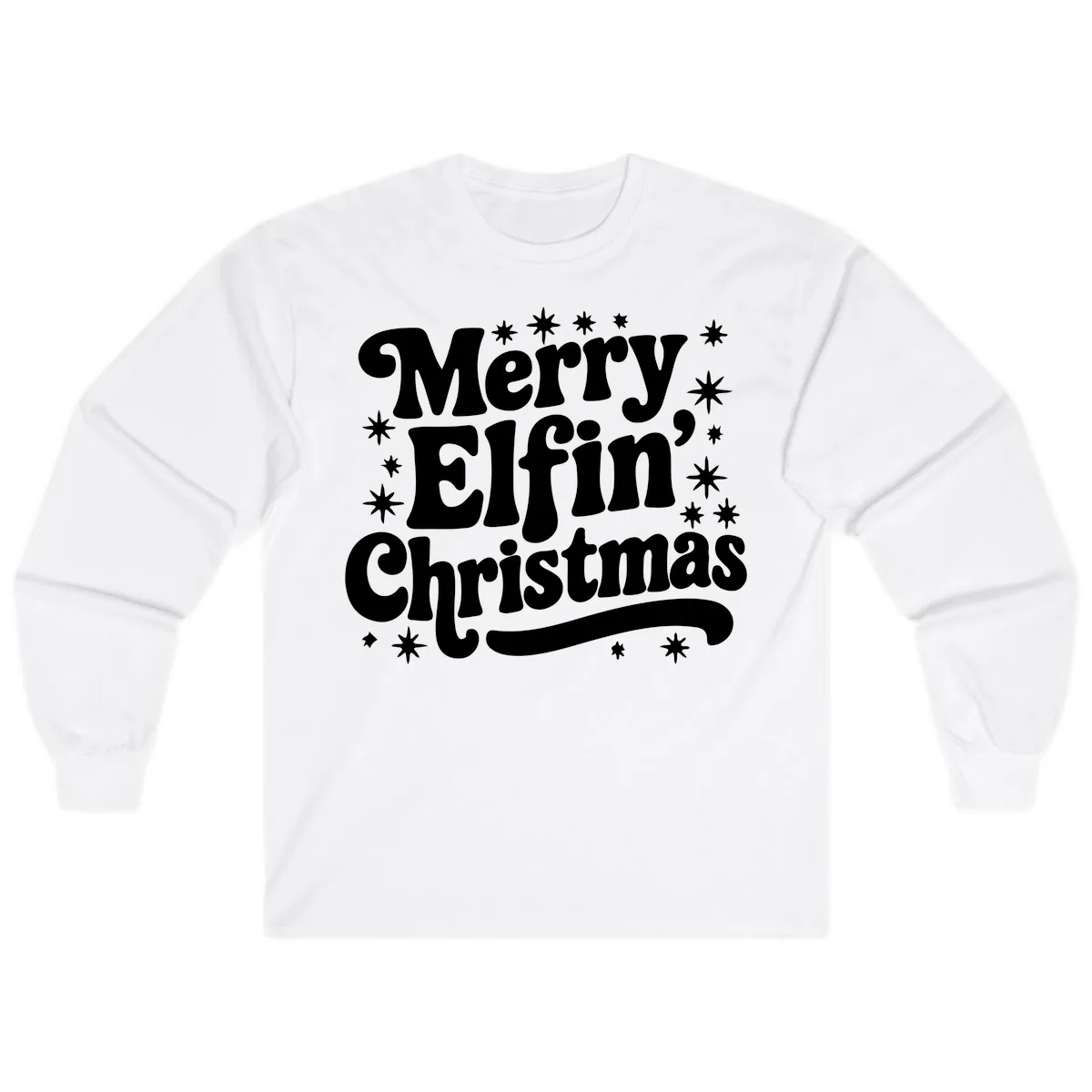 Merry Elfin Christmas Groovy Text Long Sleeve in White