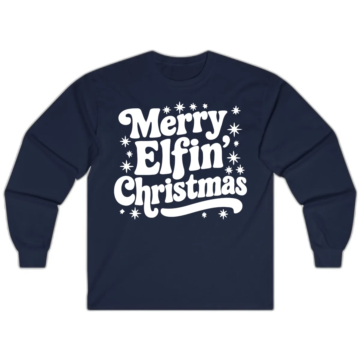 Merry Elfin Christmas Groovy Text Long Sleeve in Navy
