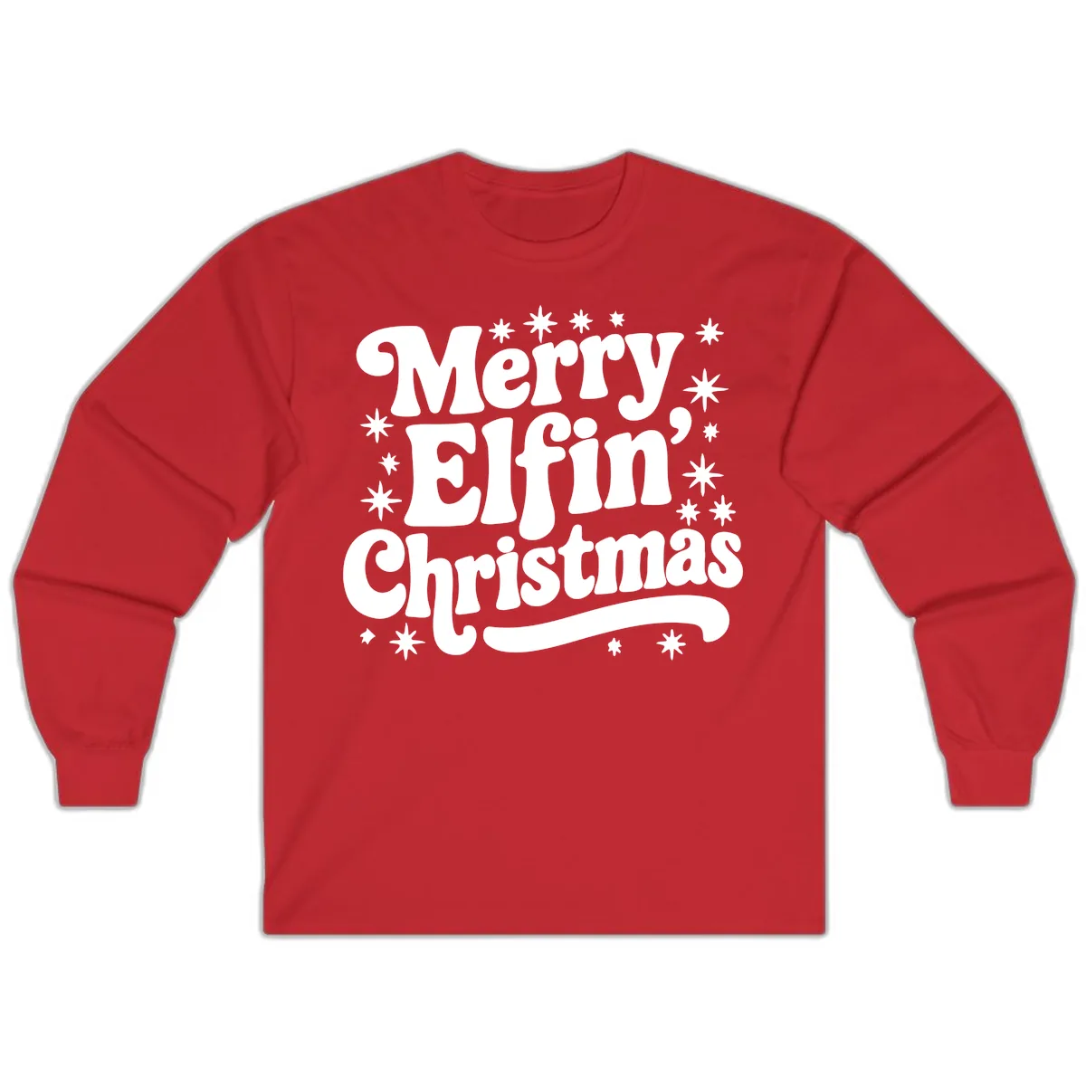Merry Elfin Christmas Groovy Text Long Sleeve in Red
