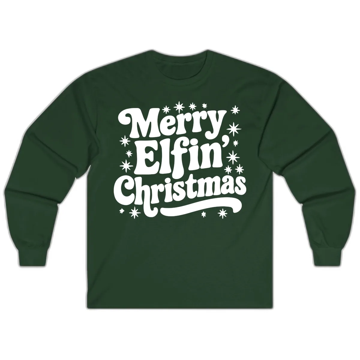 Merry Elfin Christmas Groovy Text Long Sleeve in Forest Green