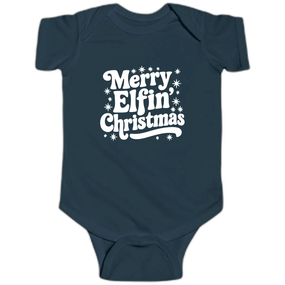 Merry Elfin Christmas Groovy Text Baby Onesie in Navy