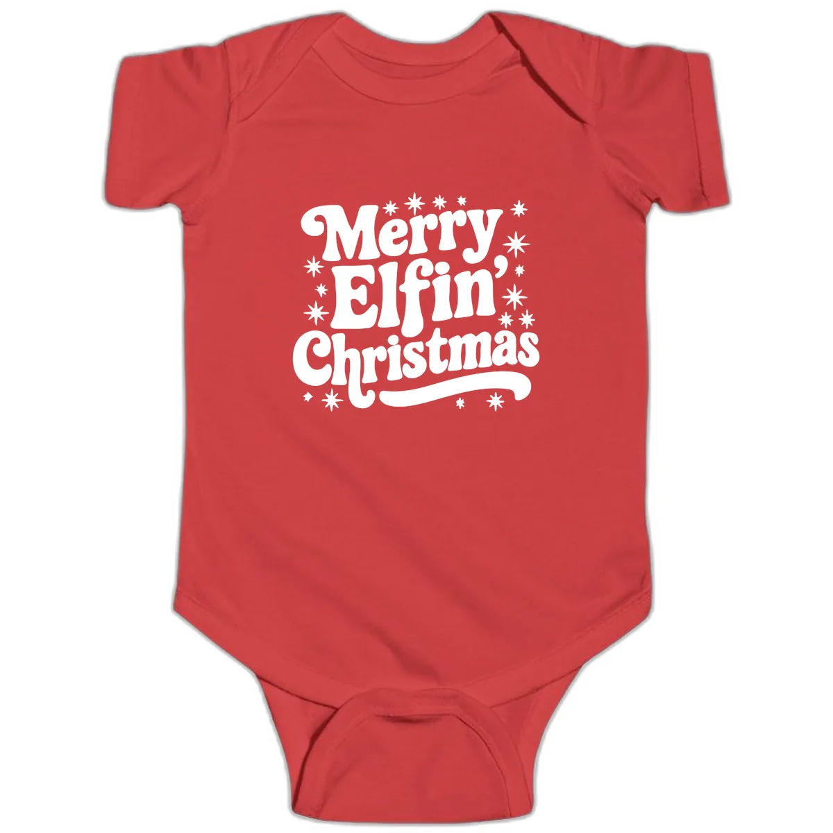 Merry Elfin Christmas Groovy Text Baby Onesie in Red