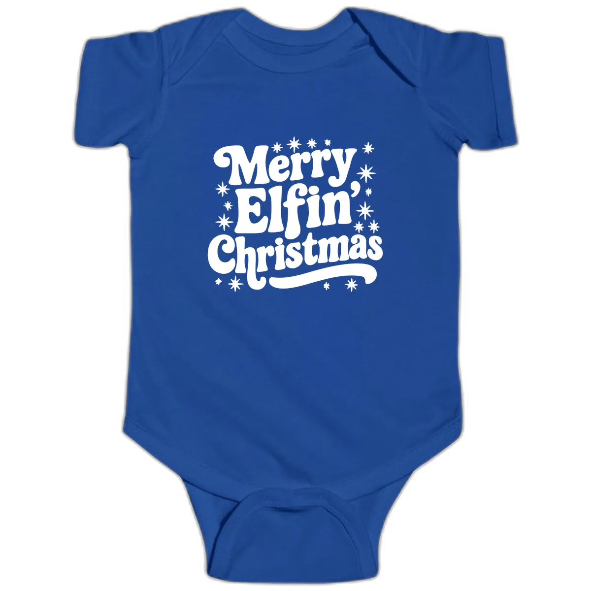Merry Elfin Christmas Groovy Text Baby Onesie in Royal