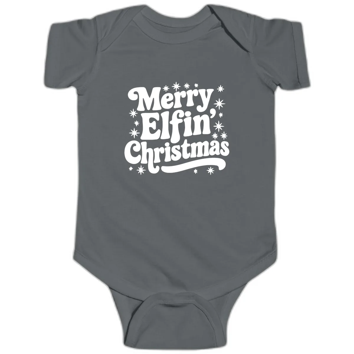 Merry Elfin Christmas Groovy Text Baby Onesie in Charcoal